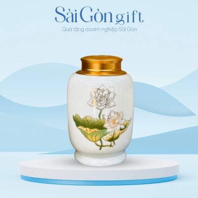 Hũ Đựng Trà Dáng Bí Vẽ Hoa Sen Nhiều Màu Quà Tặng Đại Hội SG-HT01