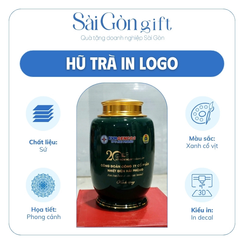 Lọ Chè Men Xanh Dáng Bí Kẻ Chân Vẽ Vàng Kim Quà Tặng Kỷ Niệm Thành Lập SG-HT03