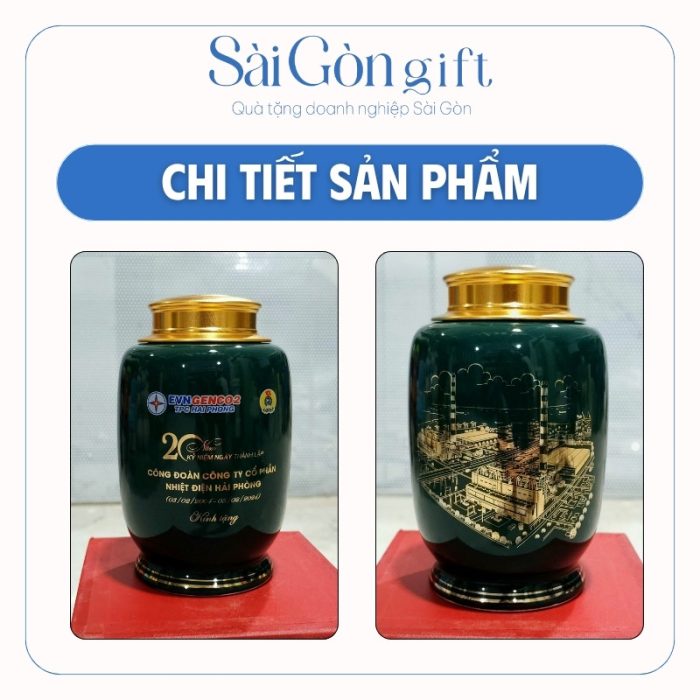 Lọ Chè Men Xanh Dáng Bí Kẻ Chân Vẽ Vàng Kim Quà Tặng Kỷ Niệm Thành Lập SG-HT03