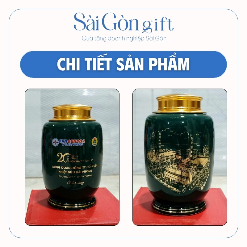 Lọ Chè Men Xanh Dáng Bí Kẻ Chân Vẽ Vàng Kim Quà Tặng Kỷ Niệm Thành Lập SG-HT03