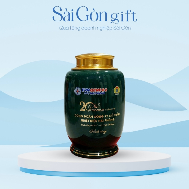 Lọ Chè Men Xanh Dáng Bí Kẻ Chân Vẽ Vàng Kim Quà Tặng Kỷ Niệm Thành Lập SG-HT03