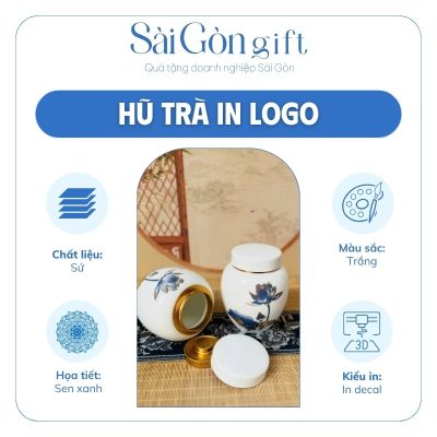 Hũ Trà Gốm Sứ Men Trắng Vẽ Sen Xanh Quà Tặng Khách Hàng SG-HT10