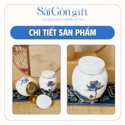 Hũ Trà Gốm Sứ Men Trắng Vẽ Sen Xanh Quà Tặng Khách Hàng SG-HT10