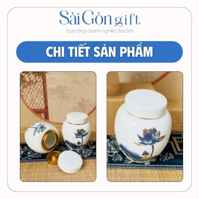 Hũ Trà Gốm Sứ Men Trắng Vẽ Sen Xanh Quà Tặng Khách Hàng SG-HT10