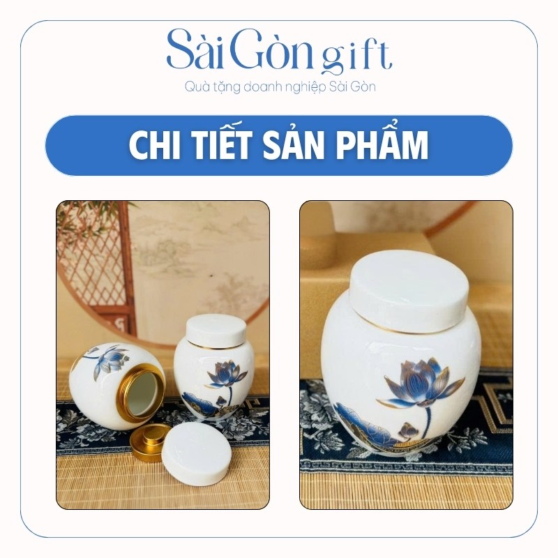 Hũ Trà Gốm Sứ Men Trắng Vẽ Sen Xanh Quà Tặng Khách Hàng SG-HT10