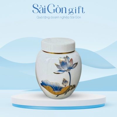 Hũ Trà Gốm Sứ Men Trắng Vẽ Sen Xanh Quà Tặng Khách Hàng SG-HT10