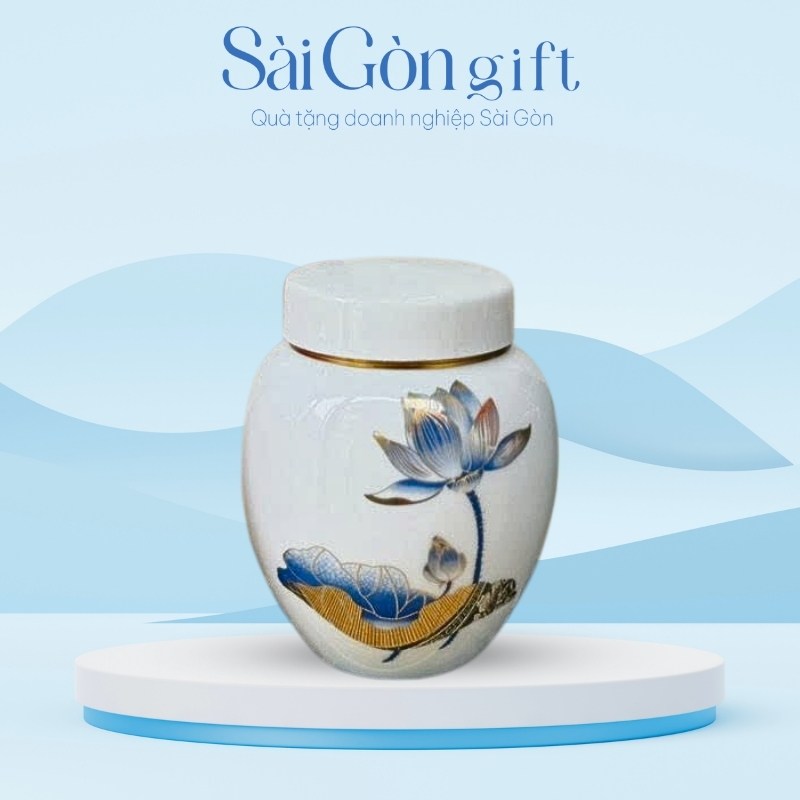 Hũ Trà Gốm Sứ Men Trắng Vẽ Sen Xanh Quà Tặng Khách Hàng SG-HT10
