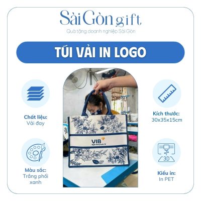 Túi Vải Đay Trắng Phối Xanh Dương In Logo VIB Quà Tặng Ngân Hàng SG-TV16