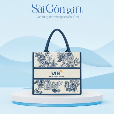 Túi Vải Đay Trắng Phối Xanh Dương In Logo VIB Quà Tặng Ngân Hàng SG-TV16