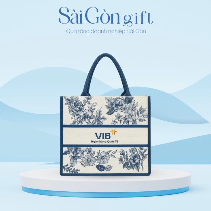 Túi Vải Đay Trắng Phối Xanh Dương In Logo VIB Quà Tặng Ngân Hàng SG-TV16