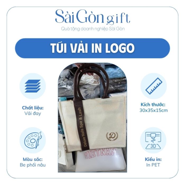 Túi Vải Đay Be Phối Nâu In Logo Quà Tặng Quảng Cáo SG-TV18