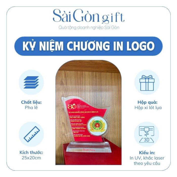 Kỷ Niệm Chương Pha Lê In Logo Quà Tặng Cán Bộ Dịp Kỷ Niệm 80 Năm Ngày Truyền Thống Công An Nhân Dân SG-KNC16