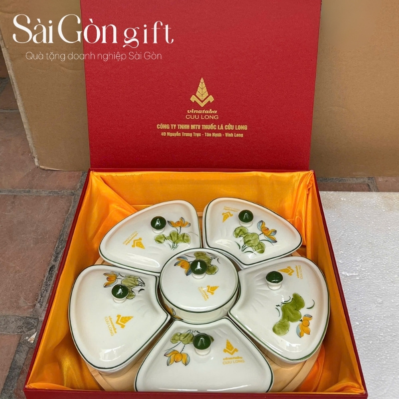 Bộ khay mứt sứ in logo quà tặng đại hội