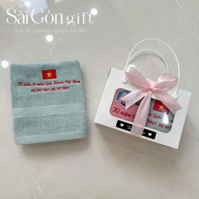 Set Khăn Bông Thêu Logo Quà Tặng Kỷ Niệm 80 Năm Ngày Quốc Khánh Việt Nam SG-KB08