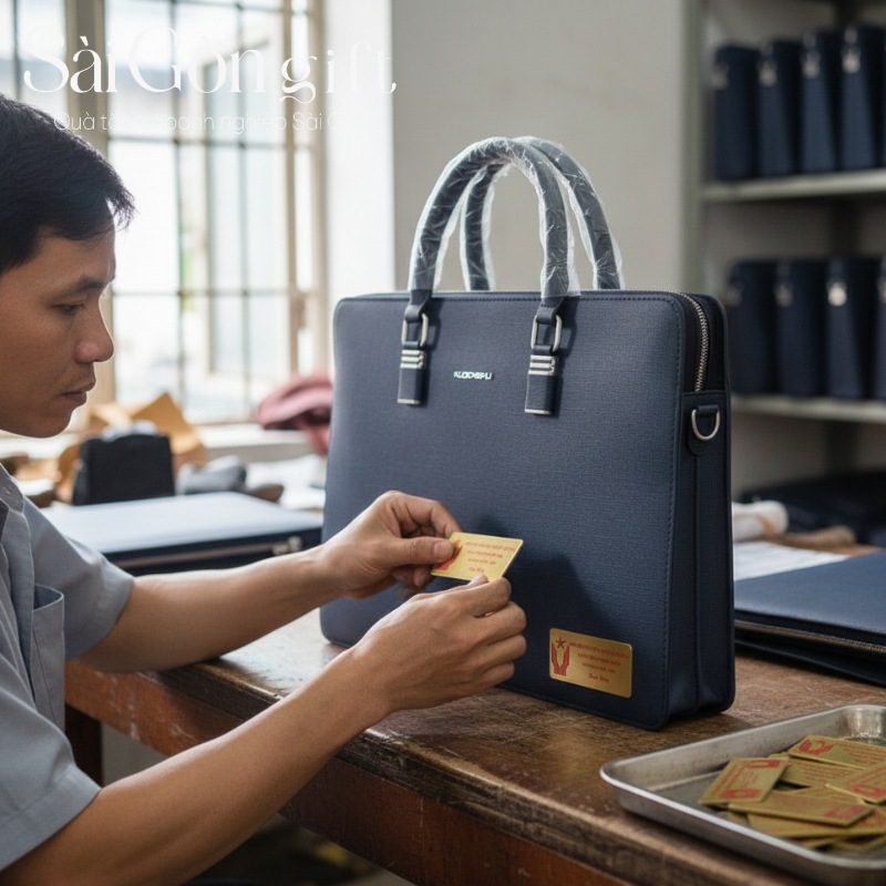 Gắn mạc kim loại in logo trên cặp da quà tặng