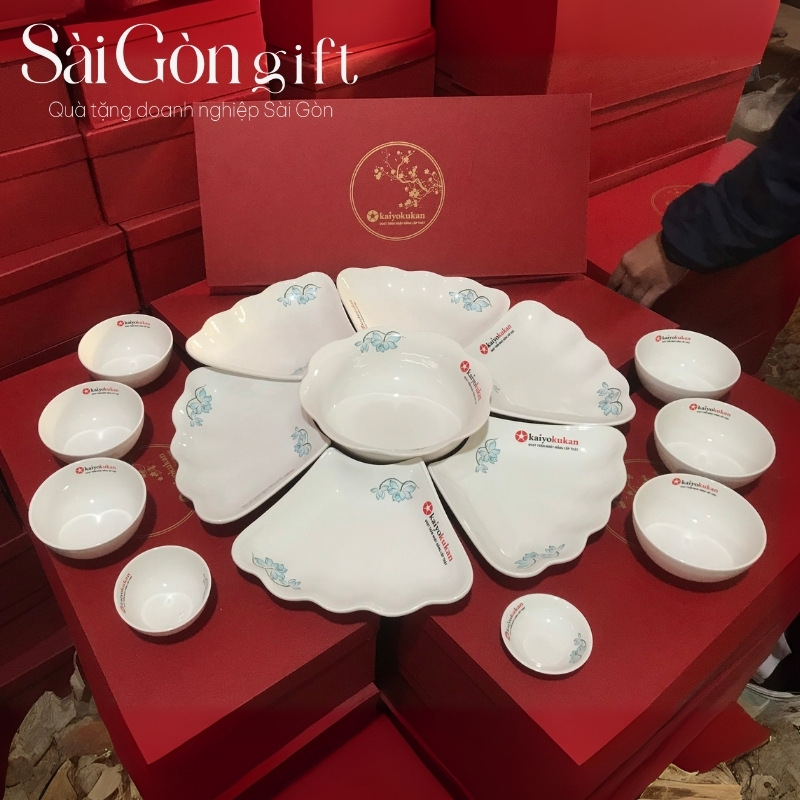 Bộ bát đĩa hoa mặt trời in logo quà tặng
